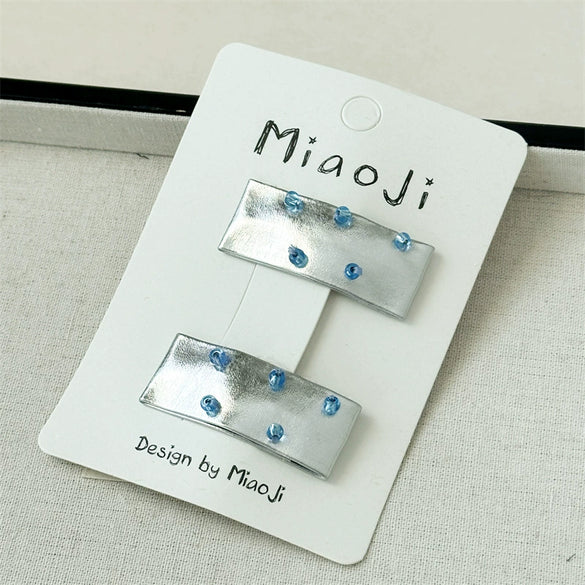 Girls Fabric Handmade Star Bow Hair Clips In Sea Blue And Silver With Rhinestone Bangs And Duckbill Clips
