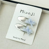Girls Fabric Handmade Star Bow Hair Clips In Sea Blue And Silver With Rhinestone Bangs And Duckbill Clips