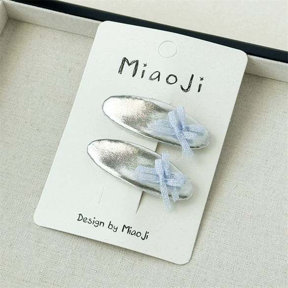 Girls Fabric Handmade Star Bow Hair Clips In Sea Blue And Silver With Rhinestone Bangs And Duckbill Clips