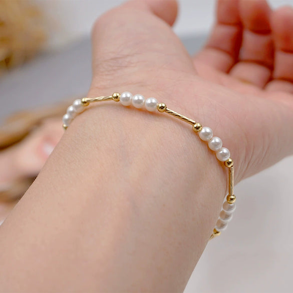 Girls Fashion Geometric Imitation Pearl And Golden Beads Handmade Bracelet