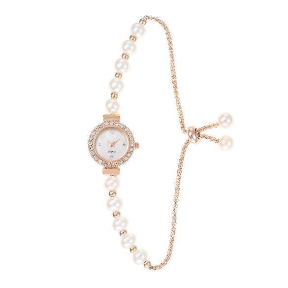 Girls Fashion Pearl Alloy Quartz Watch With Square Pullout Design