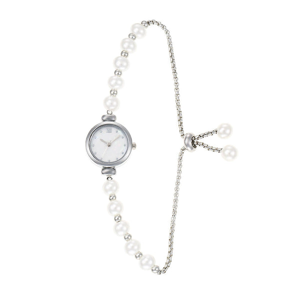 Girls Fashion Pearl Alloy Quartz Watch With Square Pullout Design