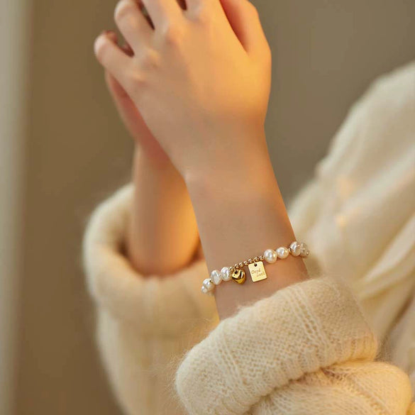 Girls Handmade Natural Freshwater Pearl Bracelet With Heart And Geometric Patterns