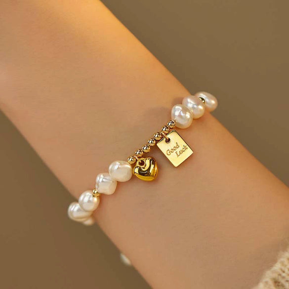 Girls Handmade Natural Freshwater Pearl Bracelet With Heart And Geometric Patterns