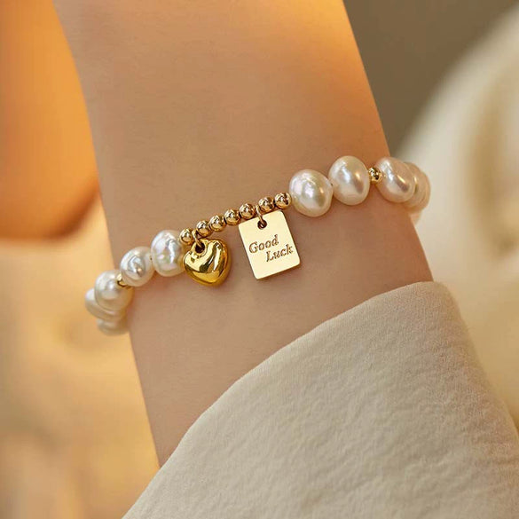Girls Handmade Natural Freshwater Pearl Bracelet With Heart And Geometric Patterns