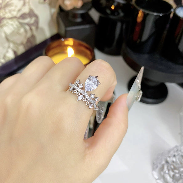 Girls' Heart Shaped Light Luxury Copper Ring With Zircon Inlay And Crown Pattern