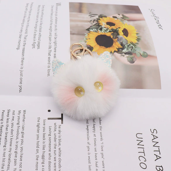 Girls Heart Shaped Plush Cat Keychain Handmade With Golden Chain Buckle