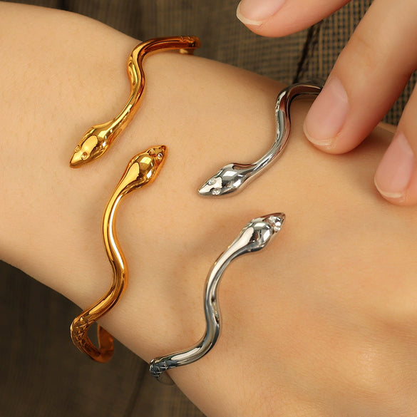 Girls Minimalist Geometric Snake Design 316L Stainless Steel Electroplated Opening Bracelet