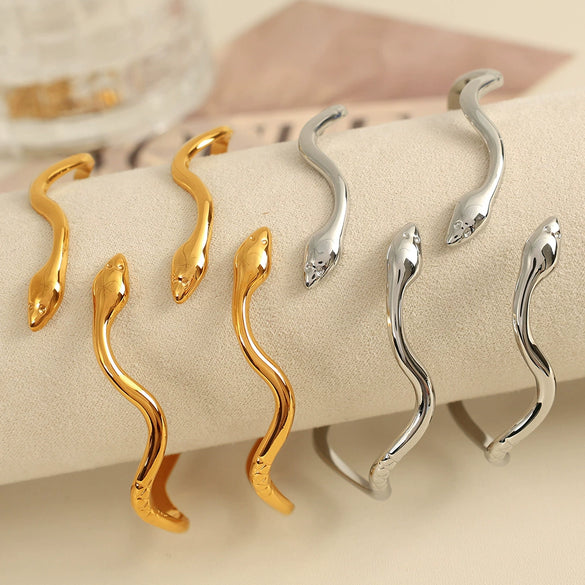Girls Minimalist Geometric Snake Design 316L Stainless Steel Electroplated Opening Bracelet