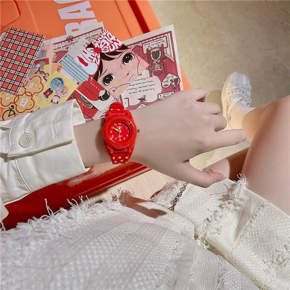 Girls' Plastic Heart And Strawberry Dot Cartoon Watch