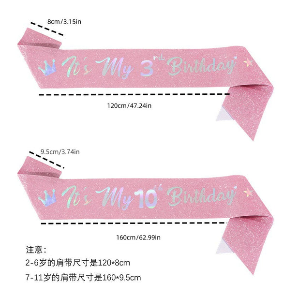 Girls Shoulder Strap Glitter Fabric Hot Stamping Pink Colorful Lettering Birthday Theme