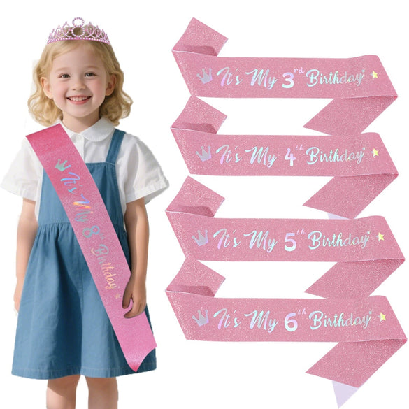 Girls Shoulder Strap Glitter Fabric Hot Stamping Pink Colorful Lettering Birthday Theme