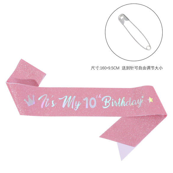 Girls Shoulder Strap Glitter Fabric Hot Stamping Pink Colorful Lettering Birthday Theme