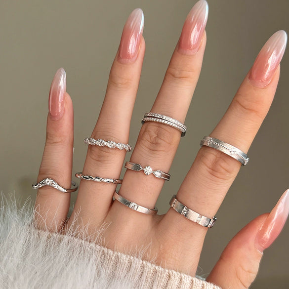Girls' Stacked Ring Silver Geometric Twist Wave Hollow Electroplated Light Luxury Fashionable