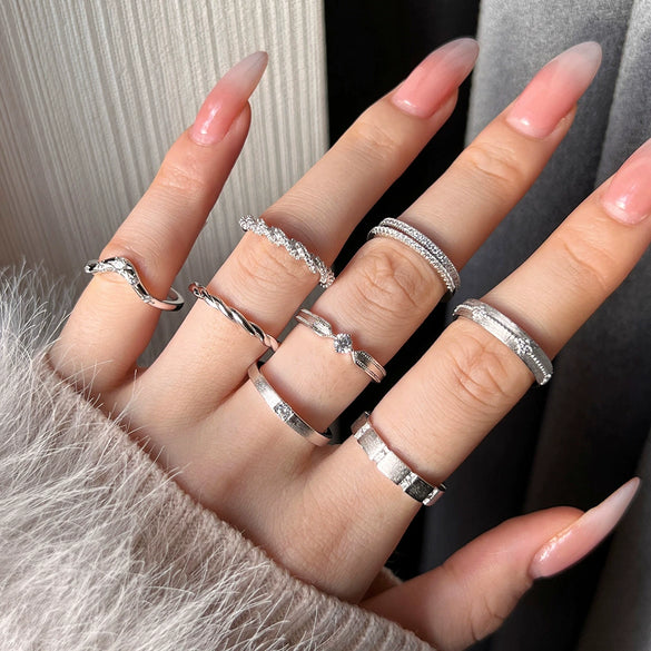 Girls' Stacked Ring Silver Geometric Twist Wave Hollow Electroplated Light Luxury Fashionable