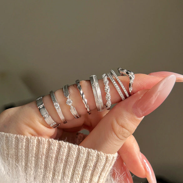 Girls' Stacked Ring Silver Geometric Twist Wave Hollow Electroplated Light Luxury Fashionable