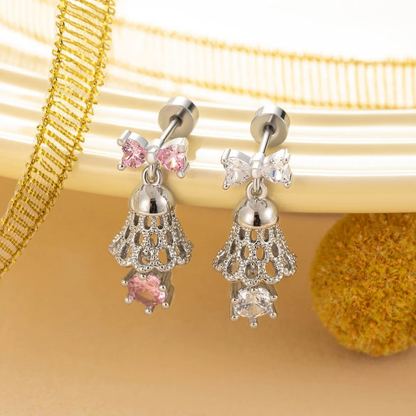 Girls' Titanium Steel Bow Bell Pendant Screw Earrings With Electroplating