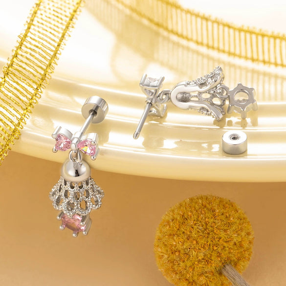 Girls' Titanium Steel Bow Bell Pendant Screw Earrings With Electroplating