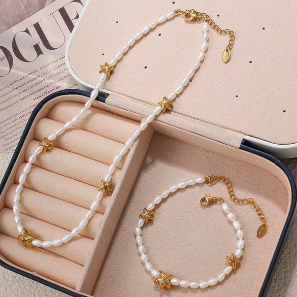 Girls 316L Stainless Steel Freshwater Pearl Necklace And Starfish Bracelet Electroplated 18K Gold