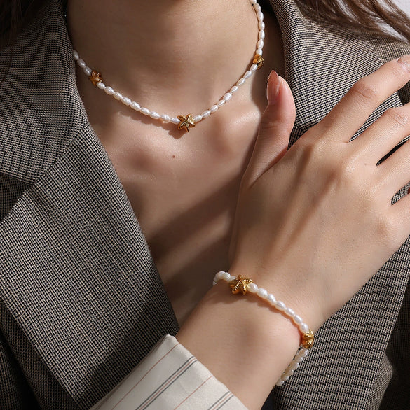 Girls 316L Stainless Steel Freshwater Pearl Necklace And Starfish Bracelet Electroplated 18K Gold