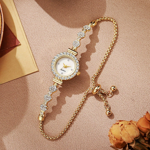 Girls Watch Alloy Gold Round Dial With Small Diamond Ins And Lazy Pullout Bracelet College Style