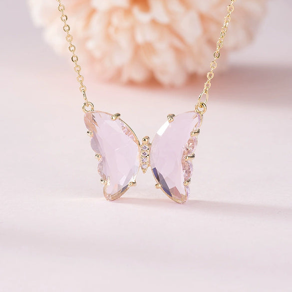 Glass Colored Glaze Butterfly Inlaid Zircon Cross Chain Necklace For Women Ins Style Animal Zodiac