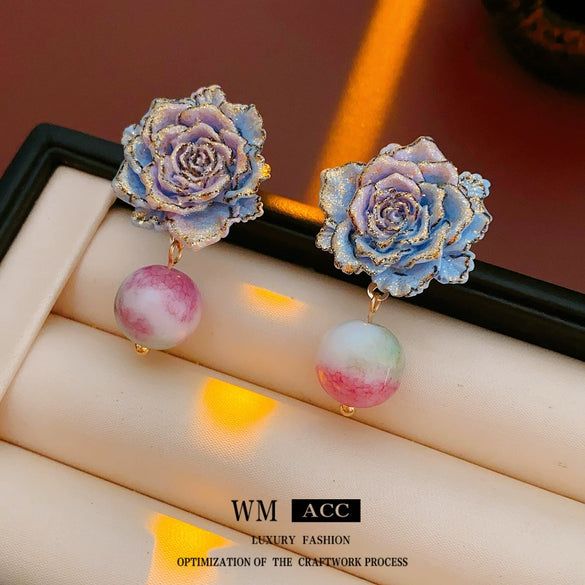 Glass Glazed Geometric Flower Earrings With Electroplating For Women