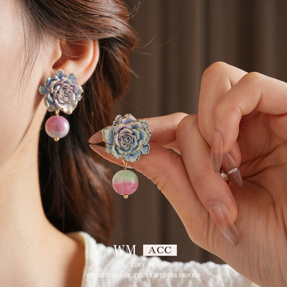Glass Glazed Geometric Flower Earrings With Electroplating For Women