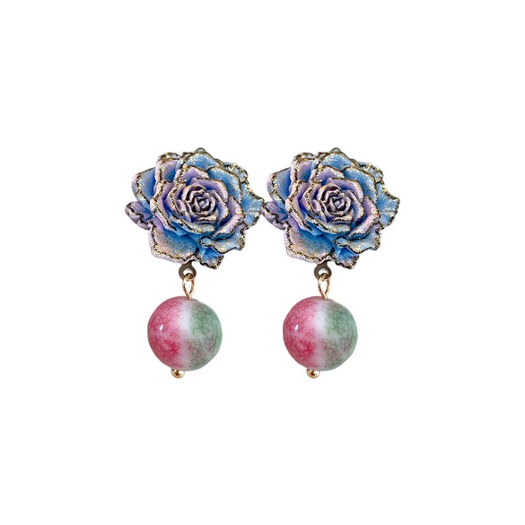 Glass Glazed Geometric Flower Earrings With Electroplating For Women