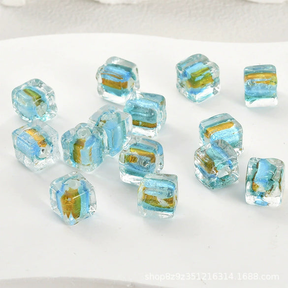 Glass Glazed Lampwork Square Colorful Contrast Striped Straight Hole Beads Uv Plated Diy Handmade Jewelry Material