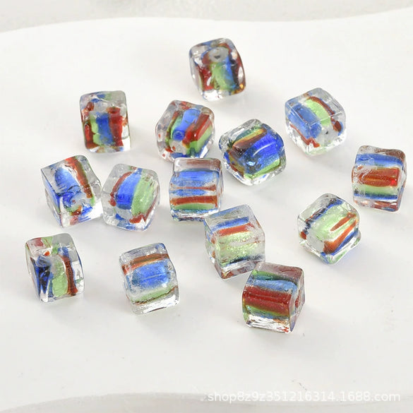 Glass Glazed Lampwork Square Colorful Contrast Striped Straight Hole Beads Uv Plated Diy Handmade Jewelry Material