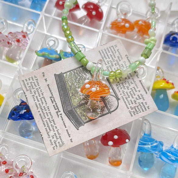Glass Glazed Wave Point Mushroom Beaded Pendant Handmade Jewelry Accessories With Pearlescent Treatment And Line Pattern