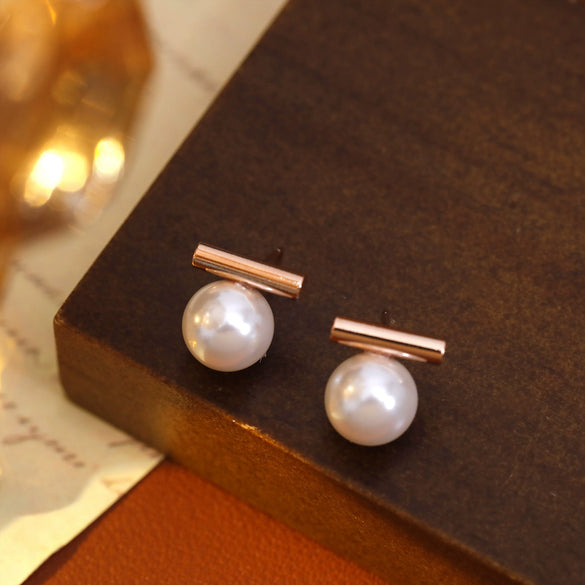 Glass Pearl 925 Silver Geometric Earrings For Women With Electroplating Simple Light Luxury Minimalist Design