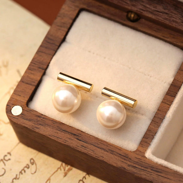 Glass Pearl 925 Silver Geometric Earrings For Women With Electroplating Simple Light Luxury Minimalist Design
