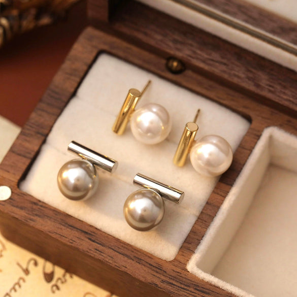 Glass Pearl 925 Silver Geometric Earrings For Women With Electroplating Simple Light Luxury Minimalist Design