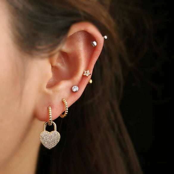 Gloss Bead Ear Buckle Microinlaid Zircon Love Plum Blossom Square Irregular Pierced Earrings Metal Electroplated
