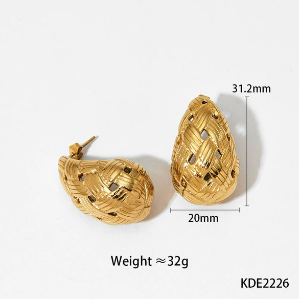 Glossy Dropshaped Stainless Steel Hollow Thread Earrings With Striped Design And Vacuum Furnace Electroplating
