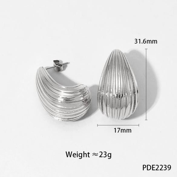 Glossy Dropshaped Stainless Steel Hollow Thread Earrings With Striped Design And Vacuum Furnace Electroplating