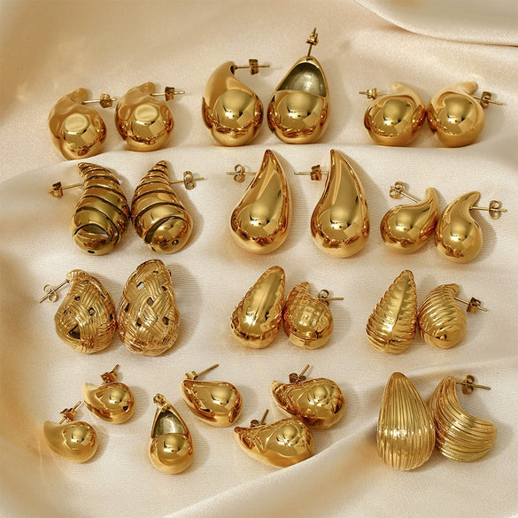 Glossy Dropshaped Stainless Steel Hollow Thread Earrings With Striped Design And Vacuum Furnace Electroplating