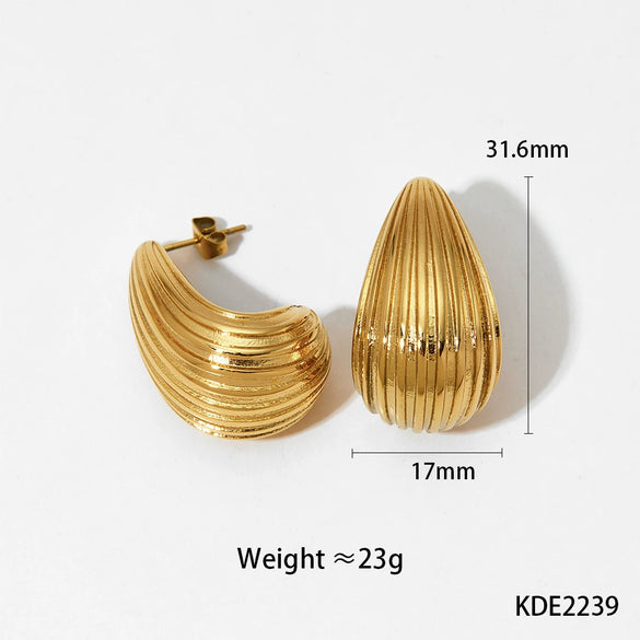 Glossy Dropshaped Stainless Steel Hollow Thread Earrings With Striped Design And Vacuum Furnace Electroplating