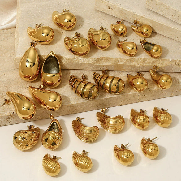 Glossy Dropshaped Stainless Steel Hollow Thread Earrings With Striped Design And Vacuum Furnace Electroplating