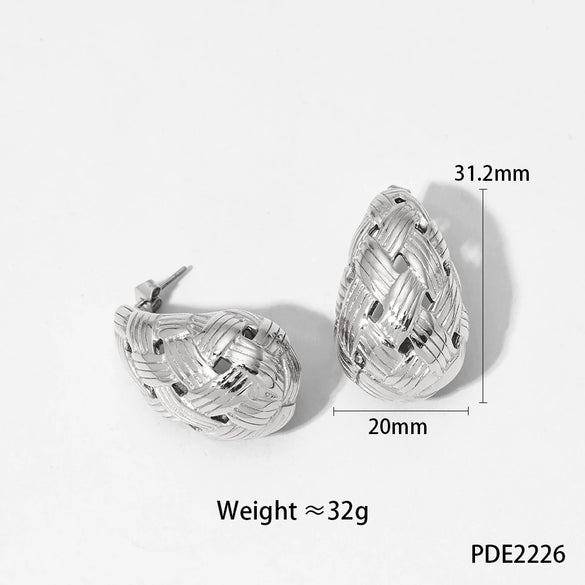 Glossy Dropshaped Stainless Steel Hollow Thread Earrings With Striped Design And Vacuum Furnace Electroplating