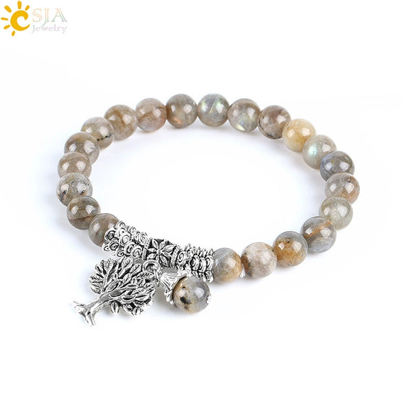 Glossy Natural Flash Stone Elastic Beaded Bracelet With Silver Tree Charm Minimalist Electroplated Natural Stone Jewelry For Women
