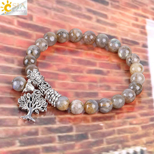 Glossy Natural Flash Stone Elastic Beaded Bracelet With Silver Tree Charm Minimalist Electroplated Natural Stone Jewelry For Women