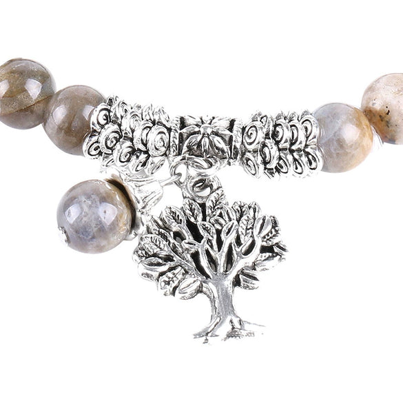 Glossy Natural Flash Stone Elastic Beaded Bracelet With Silver Tree Charm Minimalist Electroplated Natural Stone Jewelry For Women