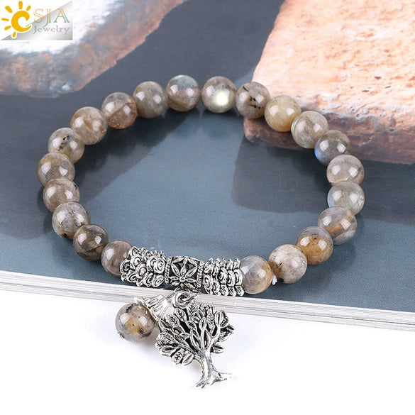 Glossy Natural Flash Stone Elastic Beaded Bracelet With Silver Tree Charm Minimalist Electroplated Natural Stone Jewelry For Women