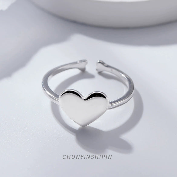 Glossy Sterling Silver Heart Shaped Open Ring With Electroplated Finish For Women Fashion Jewelry