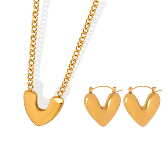 Glossy Titanium Steel Elegant Earrings And Peach Heart Pendant Necklace Set With Electroplating Light Luxury Style Geometric Design