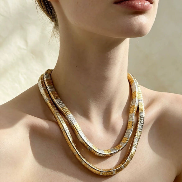 Gold And Silver Tone Geometric Alloy Necklace And Bracelet Set With Doublelayer Handmade Chain And Elastic Stretch Bracelet Polished Stackable Jewelry