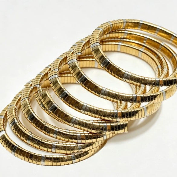 Gold And Silver Tone Geometric Alloy Necklace And Bracelet Set With Doublelayer Handmade Chain And Elastic Stretch Bracelet Polished Stackable Jewelry